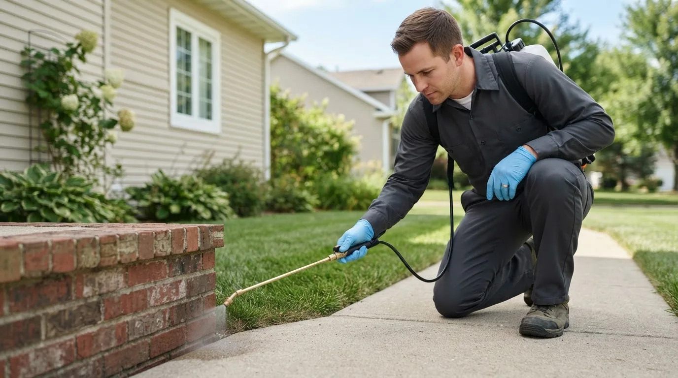 Pest control technician treating a home near La Grange, TN